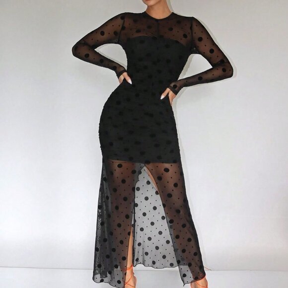 Black Preppy Womens Polka Dot Print Split Thigh Mesh Dress - Picture 3 of 5